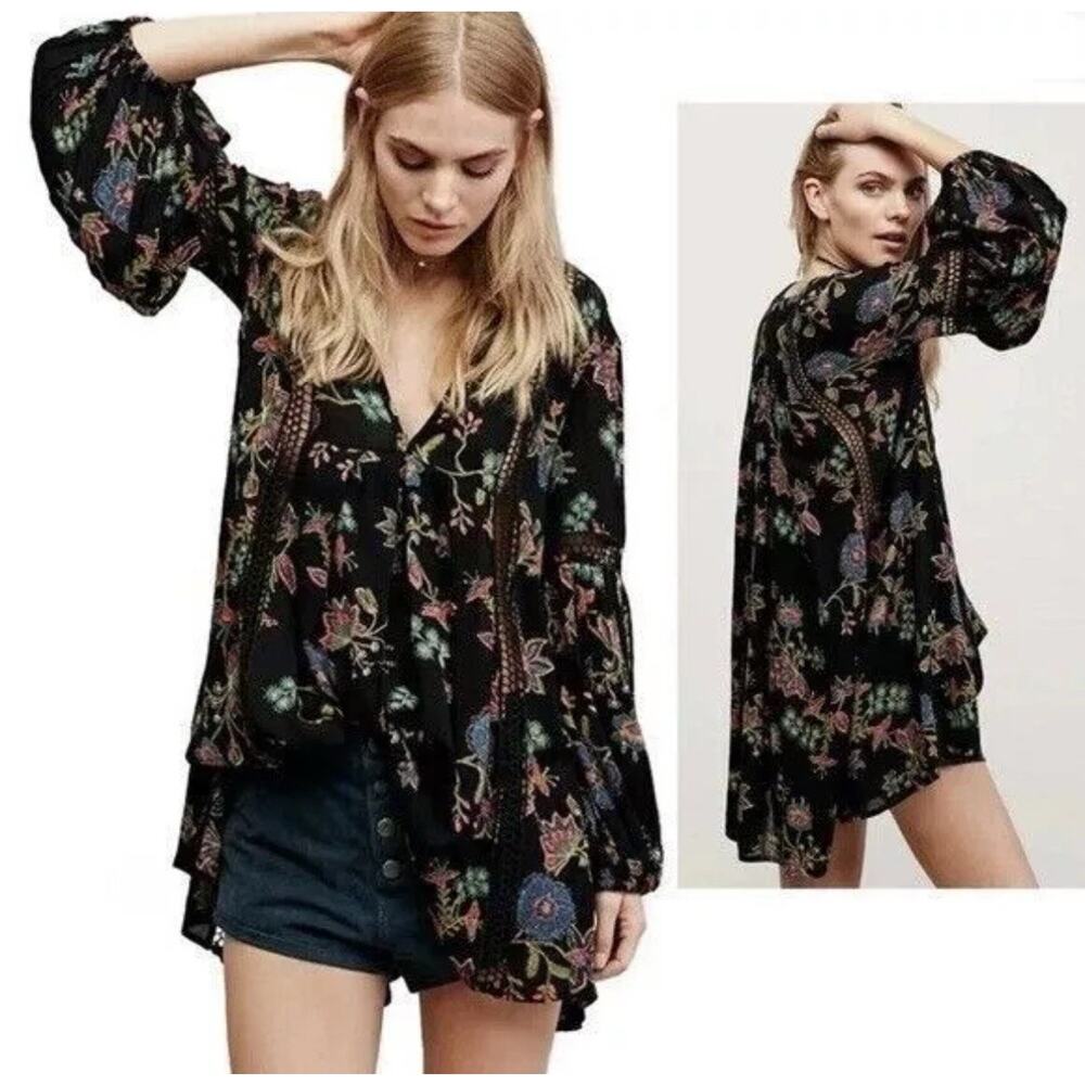 Free People Just The Two Of Us Printed V Neck Floral Swing Tunic Size XS